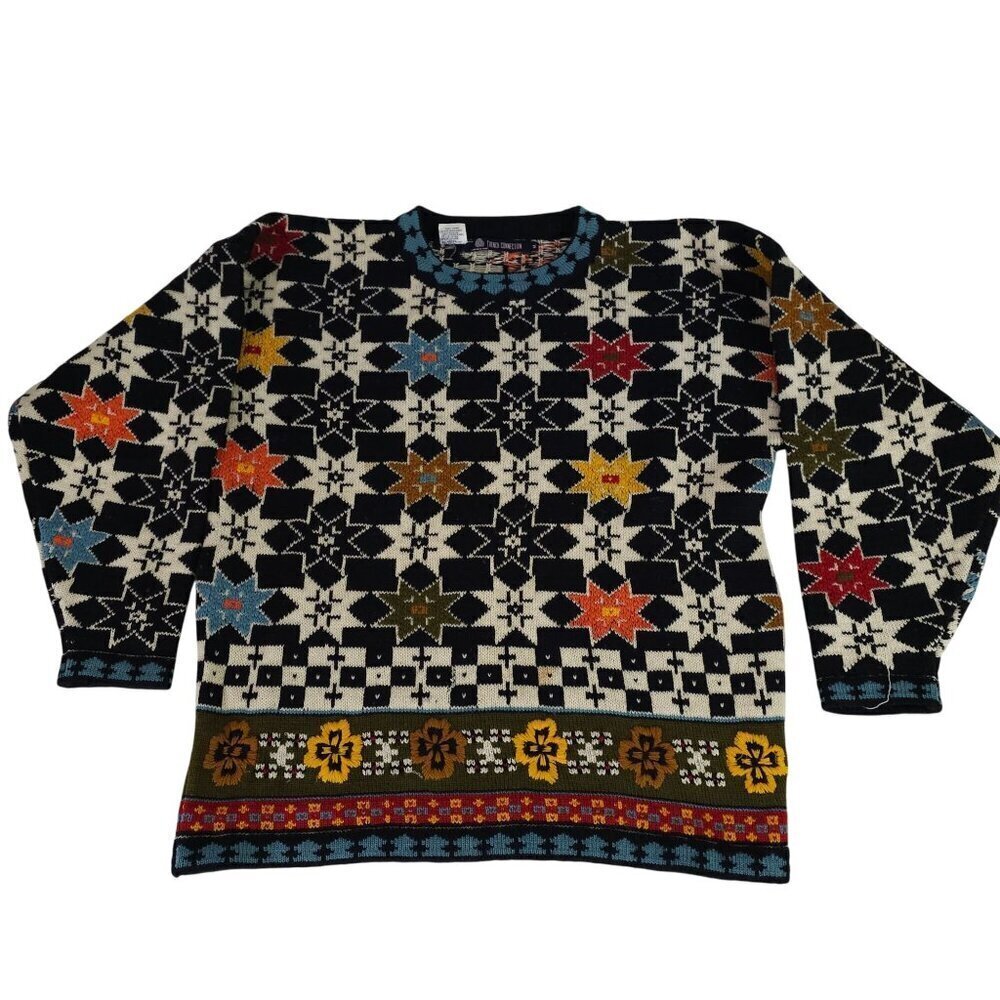 Vintage French Connection Wool Sweater M Black Multicolor Floral Pattern